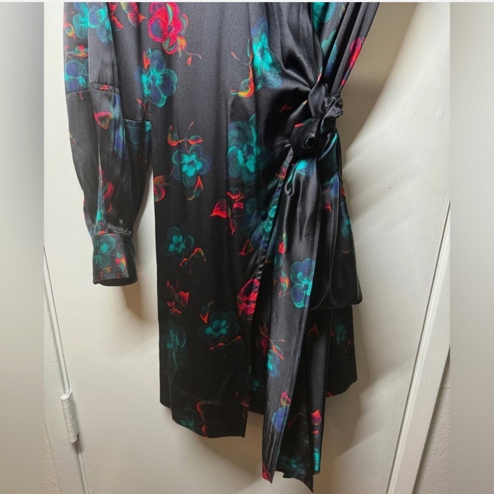 GANNI Black Silk Blend Red Blue Floral Long Puff Sleeves Wrap Mini Dress Size 42 - Picture 8 of 16